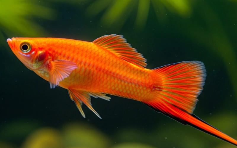 A single, bright orange male swordtail swimming horizontally in an aquarium, with its distinctive long, sword-like lower caudal fin. The water surface is visible at the top, and blurred green plants and colorful pebbles are in the background.