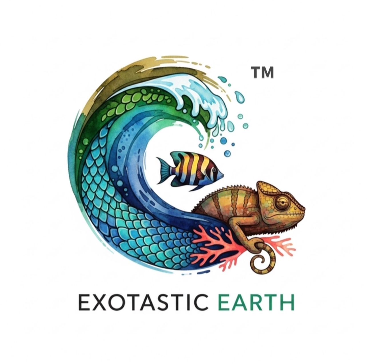 A logo for the brand Exotastic Earth. The design features a stylized, watercolor-like illustration of a chameleon climbing a coral formation, with a vibrant, scaly fish swimming in a cresting wave that doubles as a chameleon's body. The brand name, "EXOTASTIC EARTH," is written in a clean font below the image.