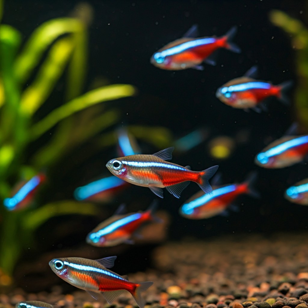 A photograph of a school of small, vibrant neon tetra fish swimming in a freshwater aquarium. Each fish has a bright blue horizontal stripe that glows under the light, along with a striking red stripe below it. They are swimming among blurred green plants, and the substrate is small brown gravel.