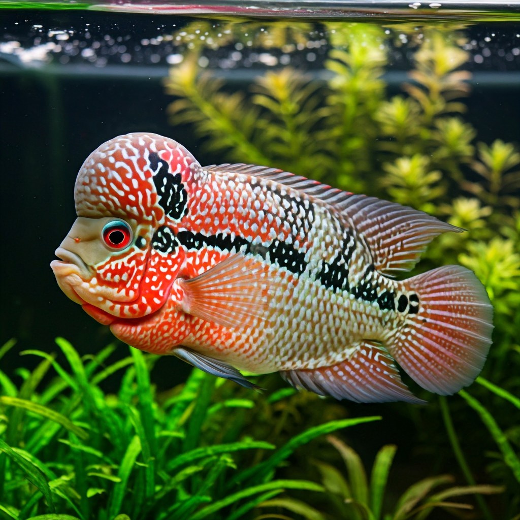 A photograph of a vibrant Flowerhorn cichlid swimming in a freshwater aquarium. The fish has a distinctive nuchal hump on its head, a red and white patterned face, a body with black markings, and red-tinged fins. Lush green aquatic plants are visible in the blurred background.