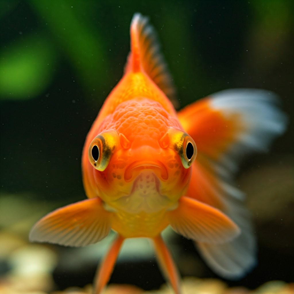 A striking, head-on close-up photograph of a bright orange goldfish with large, expressive black eyes. Its fins are partially visible, and the background is blurred with hints of green and brown.