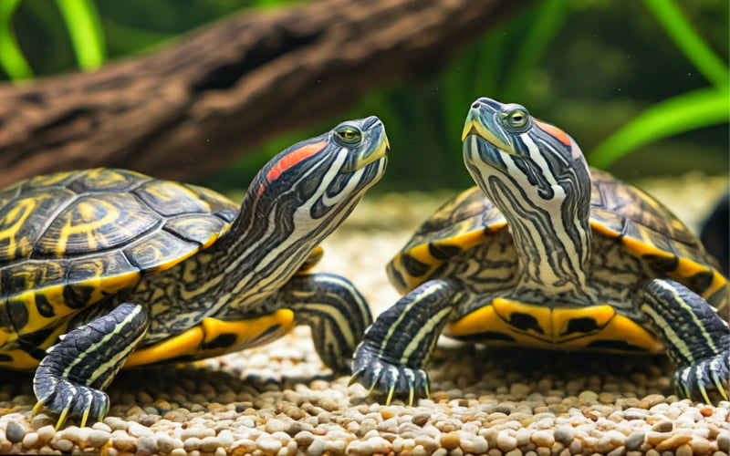 red eared slider facts. Two red-eared slider turtles with distinctive red stripes behind their eyes are positioned close together on a substrate of small, light-colored gravel inside an aquarium. One turtle faces slightly left, and the other faces slightly right, their heads raised as if observing something above the water. The background includes blurred green aquatic plants and a piece of dark driftwood.