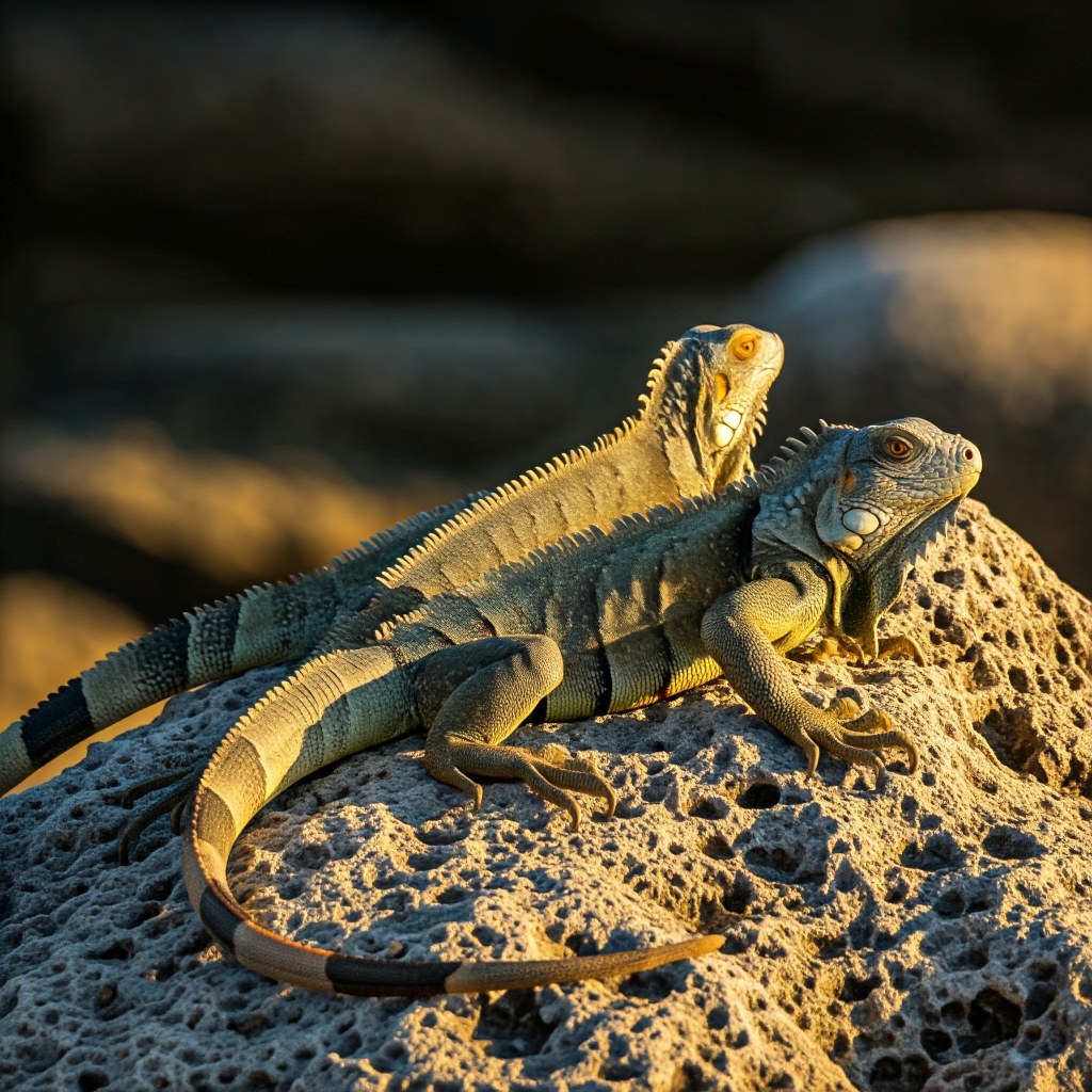 A photo of two Green Iguanas, one slightly behind the other, basking on a textured rock in the sun. The iguanas are a grayish-green color with prominent crests down their backs and long, striped tails. The background is a blurry mix of other rocks and bright sunlight.