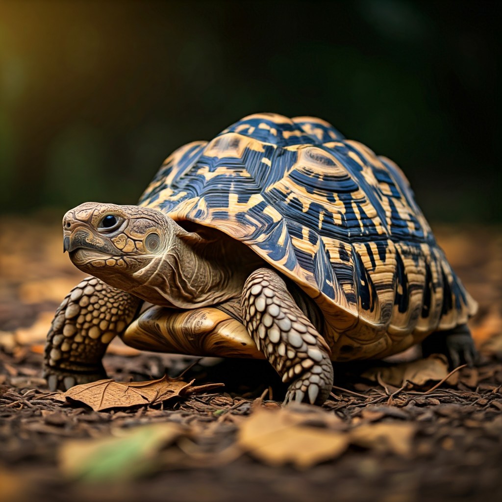 A high-angle, full-body shot of a tortoise walking on a substrate of brown leaves and dirt. The tortoise has a beautifully patterned shell with a mosaic of black, brown, and yellow markings. Its head and legs are pale with some black speckling, and it is looking to the side with its head held high.
