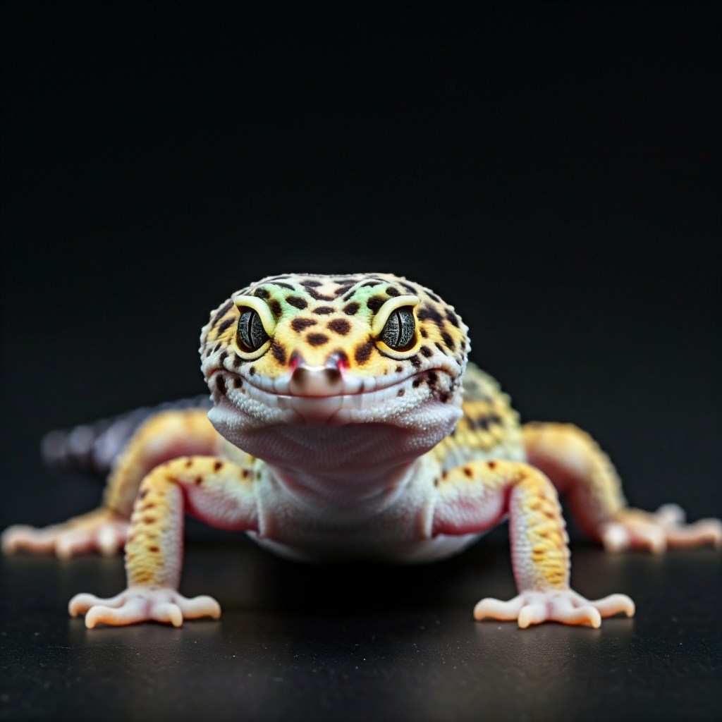A low-angle, close-up shot of a Leopard Gecko on a black surface. The gecko has a yellow body with black spots, and its head is tilted slightly up. Its large, dark eyes and an upward-curving mouth give it a clear smiling expression. The background is a solid black.