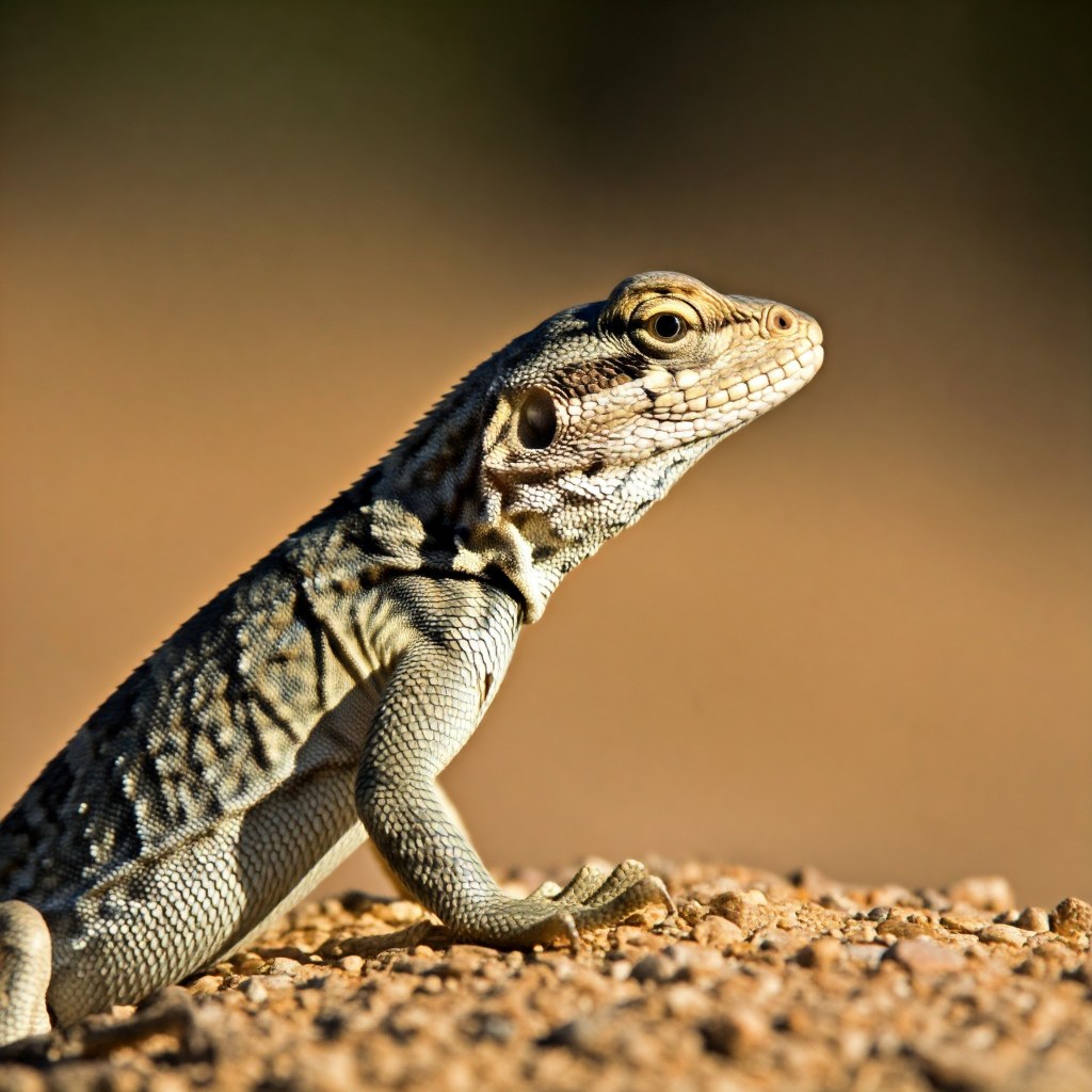 profile shot of a pale tan and brown lizard, likely a desert species, standing on a substrate of small sandy pebbles. The lizard has a patterned body and is looking to the side with its head raised. The background is a blurred, solid tan color.