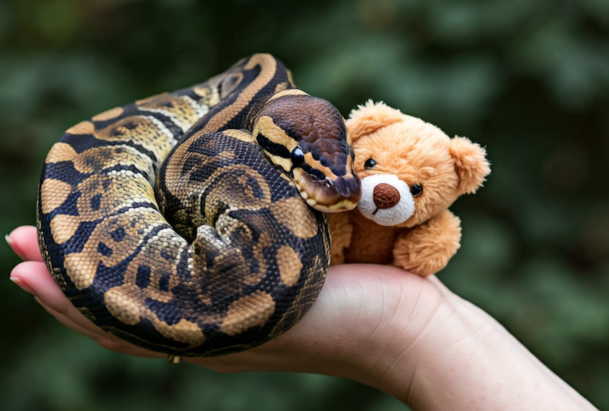 A close-up photo of a Ball Python curled into a tight coil, with its head resting next to a small, brown teddy bear. The snake is being held in a human's hand against a blurry green background. The snake has a beautiful brown and black patterned skin.