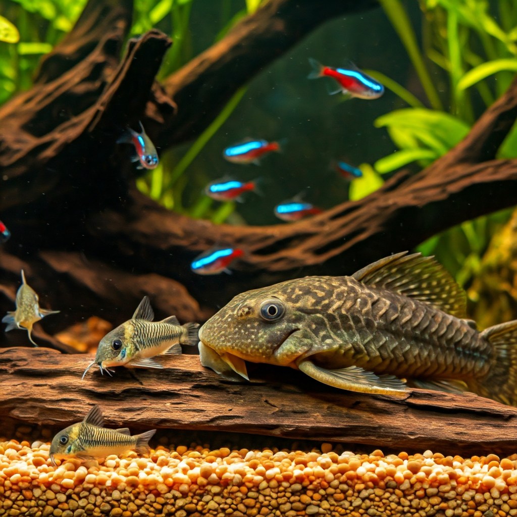 A beautifully detailed freshwater aquarium scene featuring a Bristlenose Pleco, several Bronze Corydoras catfish, and a school of vibrant Neon Tetras. The fish are among dark driftwood and lush green aquatic plants, over a substrate of small brown gravel.