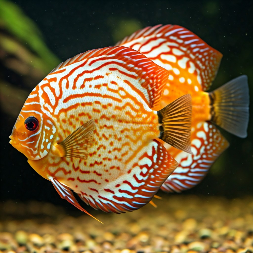 Two vibrant Discus fish with intricate patterns of red, orange, and white wavy lines and spots swim in a freshwater aquarium. The fish have a round, flattened body shape and are positioned against a dark background with hints of green plants and a light brown substrate.