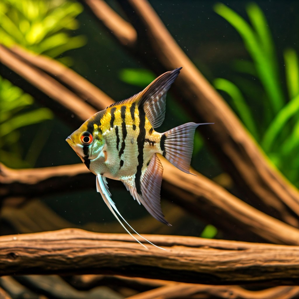 A Zebra Angelfish with striking black vertical stripes on a silver body, along with yellow accents on its dorsal fin and head, gracefully swims in a freshwater aquarium. It has long, flowing ventral fins and a red eye. The background includes blurred green aquatic plants and several pieces of brown driftwood arranged horizontally.