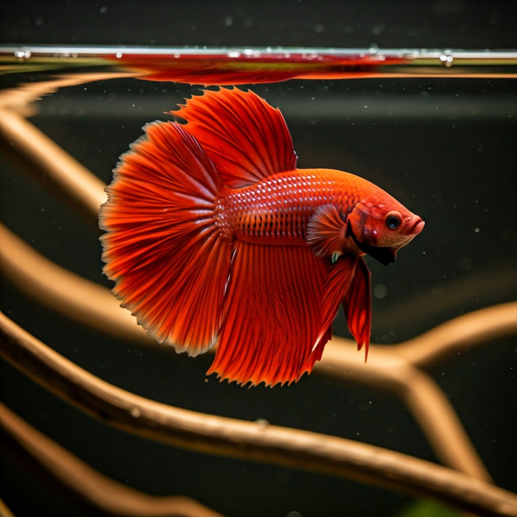A stunning, vibrant red male Betta fish with a large, fan-like tail and flowing fins is swimming gracefully in a freshwater aquarium. The Betta is positioned in the center of the frame, with blurred light brown plant stems or driftwood visible in the foreground and background against a dark backdrop. The water surface reflects a hint of orange and yellow light.