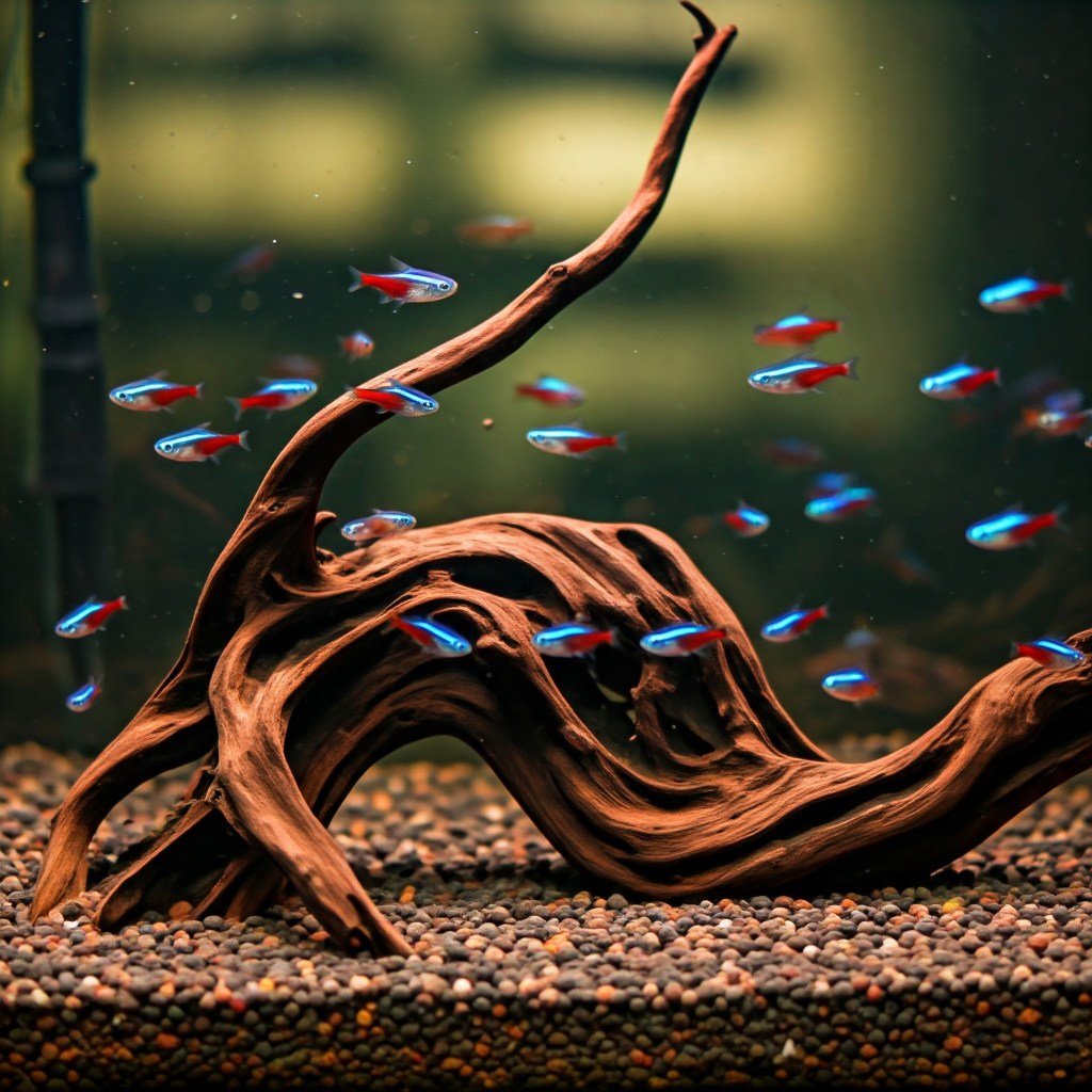 A school of vibrant Neon Tetras with their distinctive blue and red stripes swims around a large, intricately shaped piece of dark driftwood in a freshwater aquarium. The substrate is composed of small, multi-colored gravel, and the background is a simple, blurred aquatic environment.