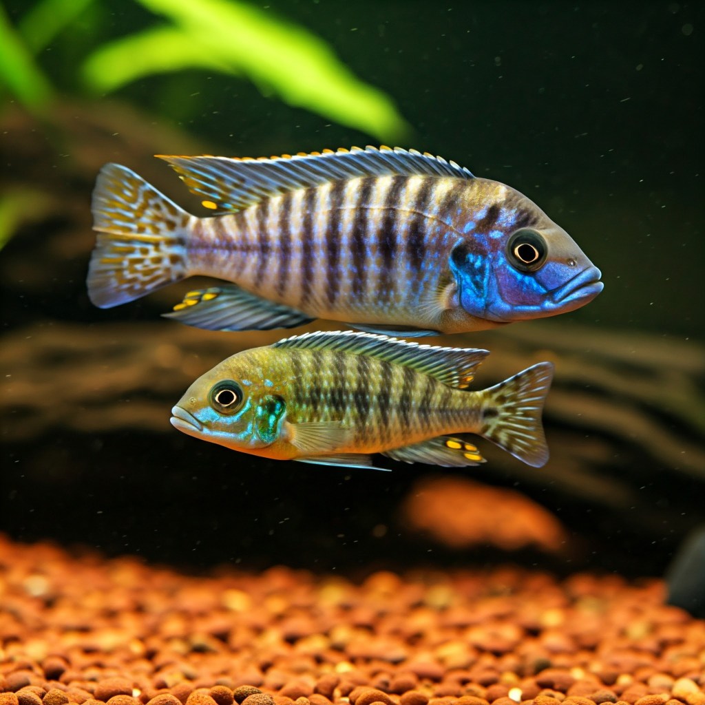 Two African Cichlids, one larger with vibrant blue and black vertical stripes and blue accents on its face and fins, swims above a slightly smaller cichlid with yellow-green and black stripes and turquoise markings around its eyes. They are in a freshwater aquarium with a substrate of small reddish-brown gravel and a blurred background with hints of green plants and dark rock or driftwood.