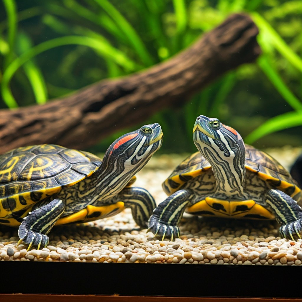 Two red-eared slider turtles with distinctive red stripes behind their eyes are positioned close together on a substrate of small, light-colored gravel inside an aquarium. One turtle faces slightly left, and the other faces slightly right, their heads raised as if observing something above the water. The background includes blurred green aquatic plants and a piece of dark driftwood.
