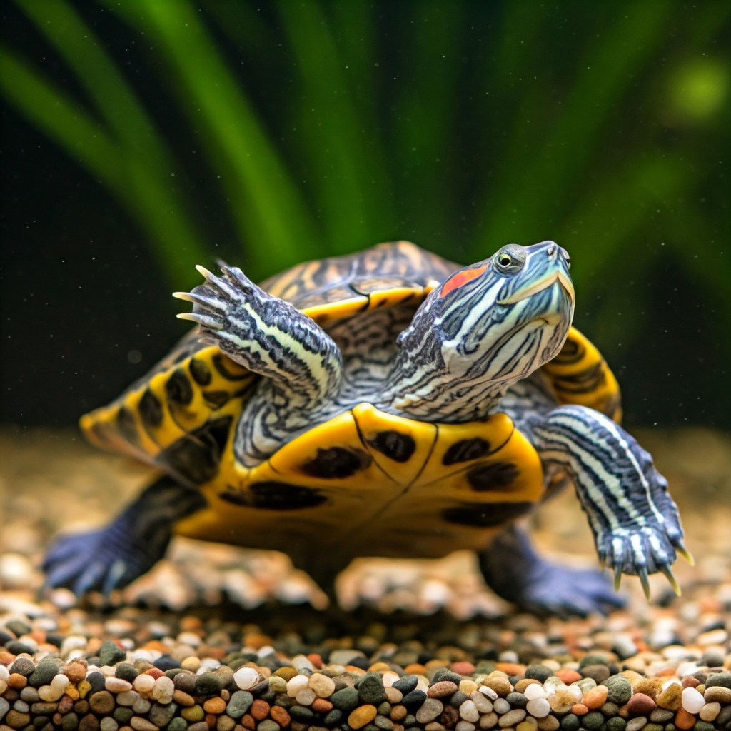 A red-eared slider turtle stands on colorful gravel inside an aquarium, with its head raised and front legs extended. The background is blurred green aquatic plants.