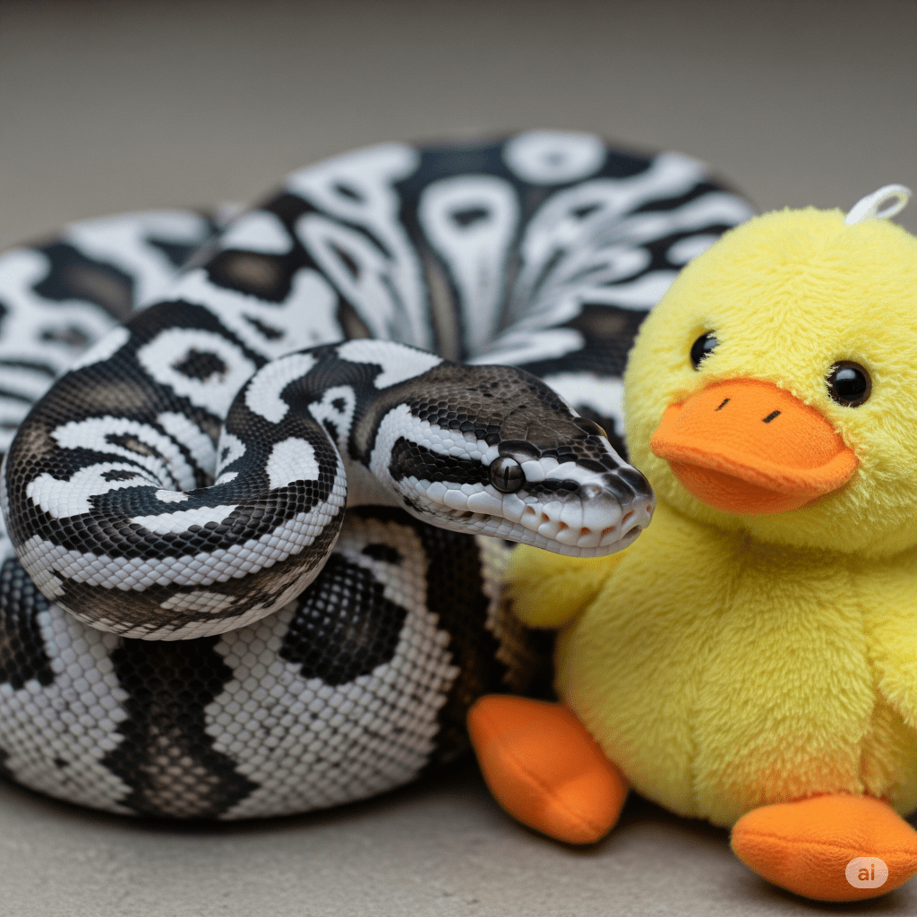 A black and white patterned Ball Python snake is coiled next to a bright yellow plush duck toy. The snake's head is facing the camera.