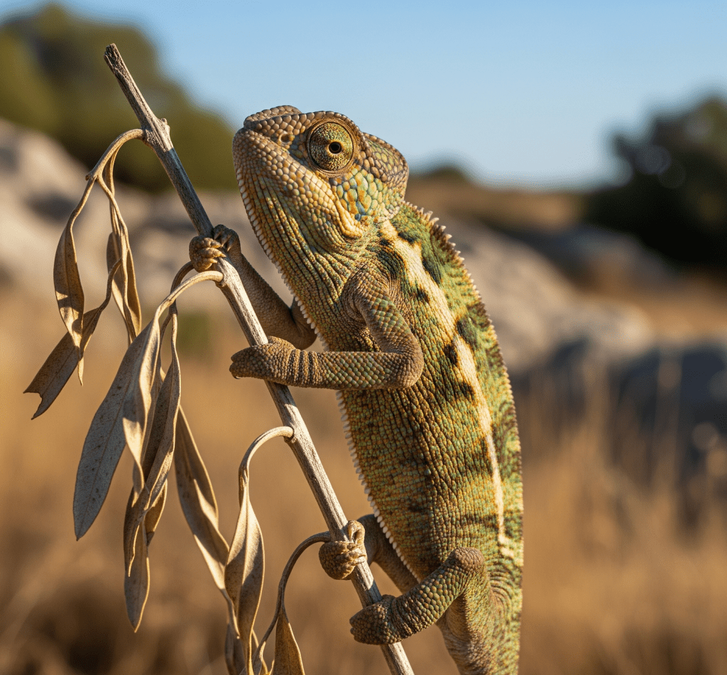 A chameleon with green, brown, and yellow patterns is clinging to a dry, twiggy branch with a few withered leaves. The chameleon is looking upwards towards the left. The background is blurred, showing dry grassland, rocks, and a clear blue sky.