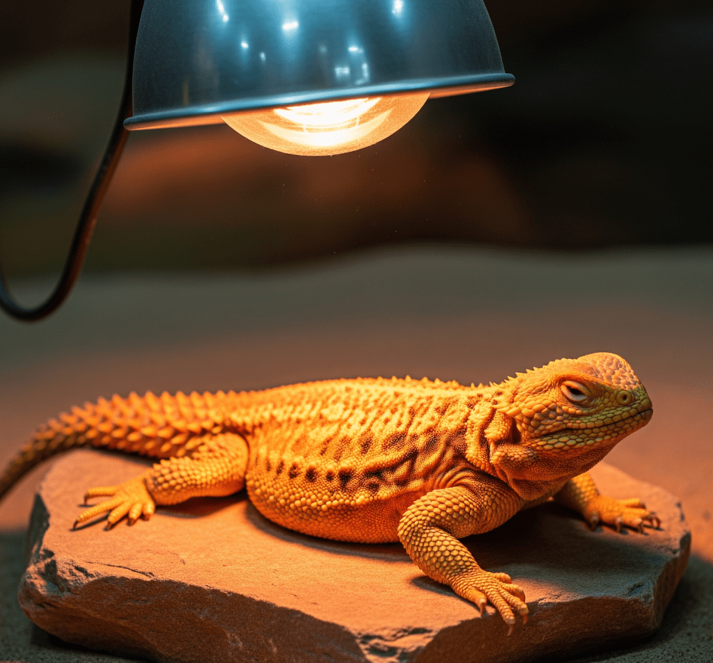 A vibrant orange and yellow Uromastyx lizard is basking on a flat desert rock under a bright heat lamp.