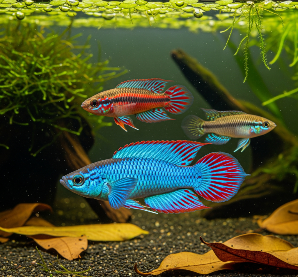 A high-detail macro photograph of a freshwater aquarium with several vibrant killifish. In the foreground is a male Bluefin Notho with an iridescent blue body and red fins, with other killifish and plants softly blurred in the background.