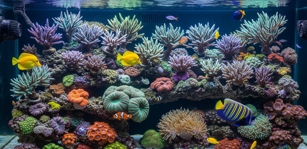 A vibrant and colorful saltwater aquarium filled with diverse types of live coral in shades of blue, purple, orange, and green. A variety of colorful marine fish, including a royal angelfish, yellow tangs, and a clownfish, swim among the reef structures.
