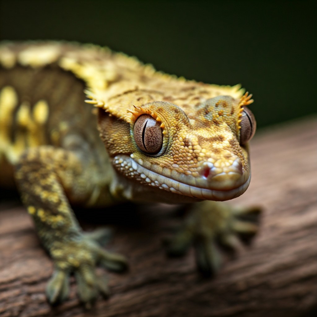 A close-up, slightly angled photograph of a crested gecko's head and upper body. The gecko has textured, tan and cream-colored skin with brown markings and prominent crests above its large, brown eyes with vertical pupils. It is resting on a piece of textured brown wood. The background is a blurred dark green.