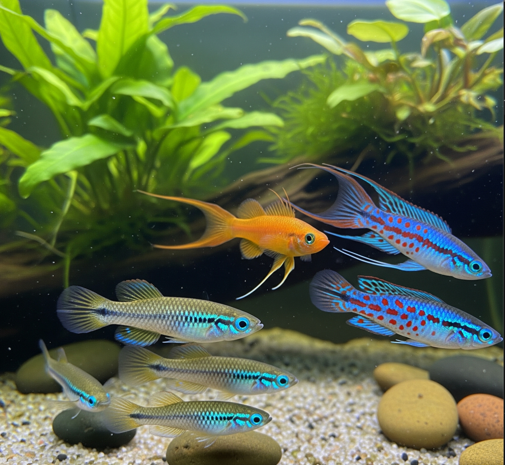  A photograph displays several types of non-annual killifish, including orange Lyretail Killifish, blue and red Gardner's Killifish, and silvery Norman's Lampeyes with bright blue eyes, swimming in a well-lit, planted aquarium with a sandy substrate and smooth pebbles.