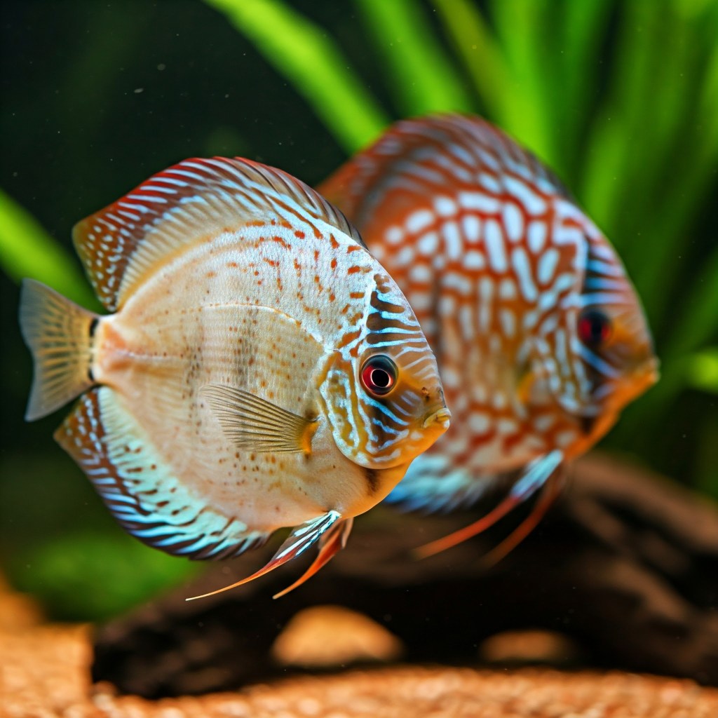 A photograph of two discus fish swimming in a freshwater aquarium. The fish in the foreground is a light color with blue wavy lines and red spots, while the fish behind it has an orange and blue labyrinthine pattern. Both have bright red eyes. Green aquatic plants and driftwood are visible in the blurred background, and the substrate is sandy.