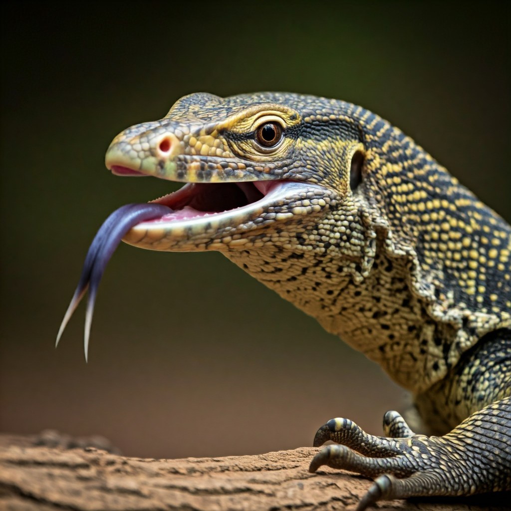 A close-up profile photograph of a monitor lizard with textured yellow and black spotted skin. Its mouth is slightly open, revealing a bright pink interior and a long, forked, dark blue tongue flicking out. The lizard's eye is visible and alert. The background is blurred with shades of brown and dark green.