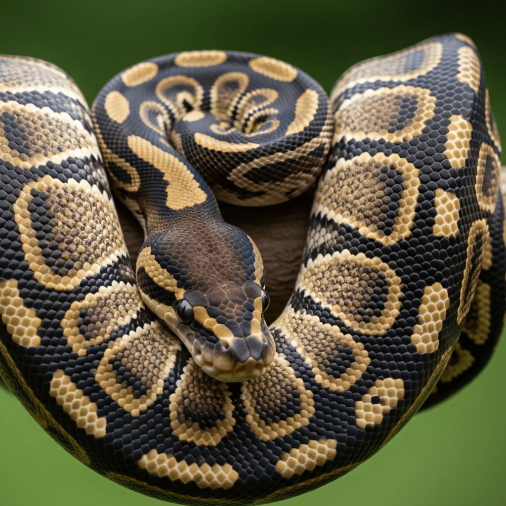 A beautifully patterned Ball Python snake, featuring dark brown and black markings with tan accents, is coiled gracefully around a light brown branch against a blurred green background. The snake's head is positioned towards the viewer.