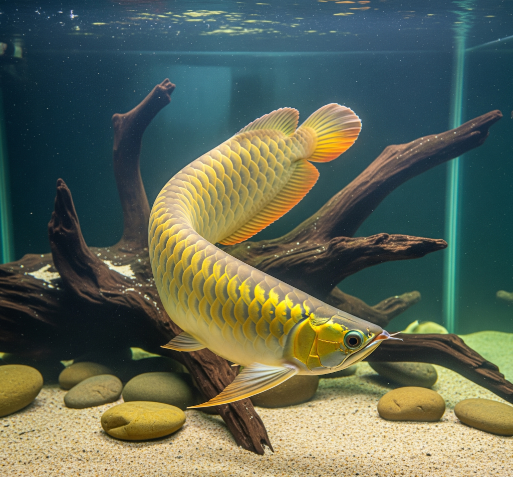 A vibrant Crossback Golden Arowana with shimmering gold scales gracefully curves its body while swimming in a large aquarium with crystal-clear water, a light sandy substrate, driftwood, and smooth stones.
