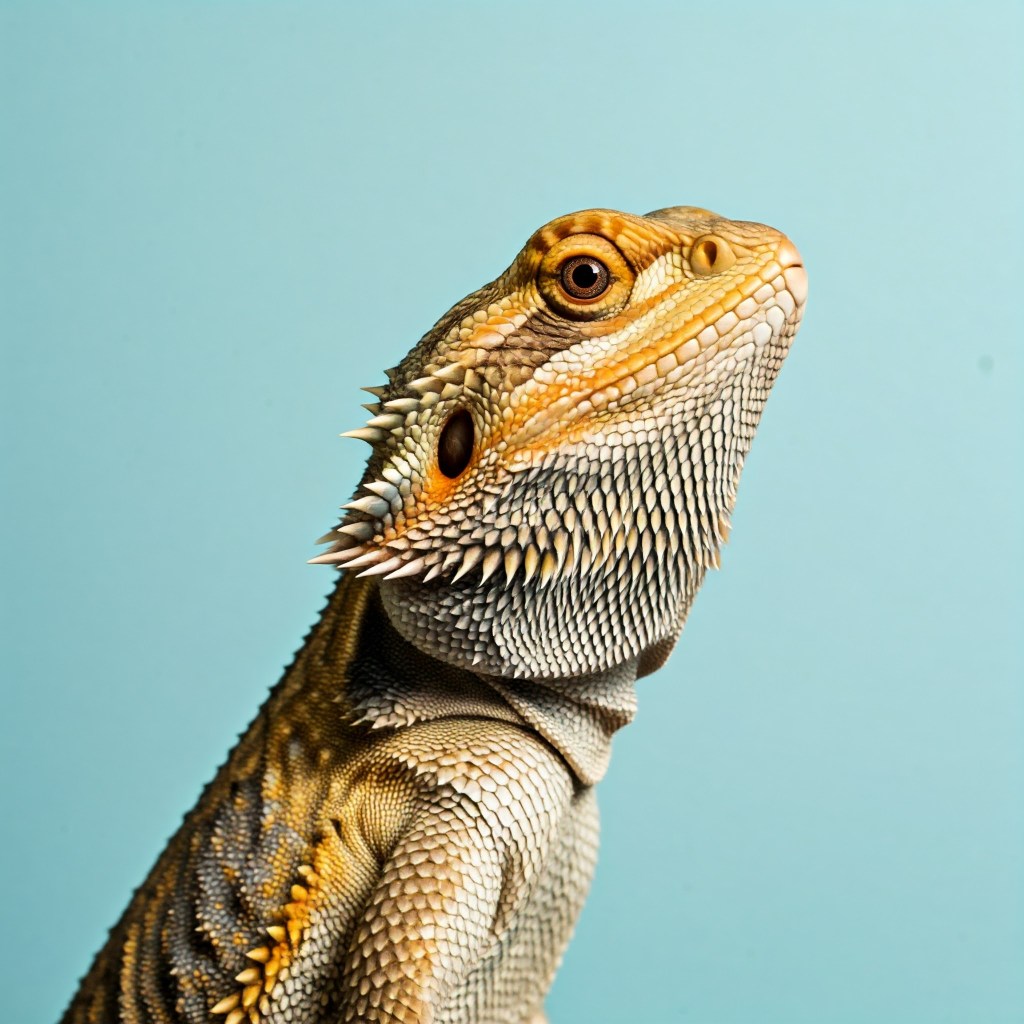 A close-up, side-profile photograph of a bearded dragon lizard with a light blue background. The lizard's head is tilted upwards, and its spiky "beard" is visible under its chin. Its scales are textured and range in color from orange and tan on its head to lighter shades on its body. Its eyes are a rich orange-brown.