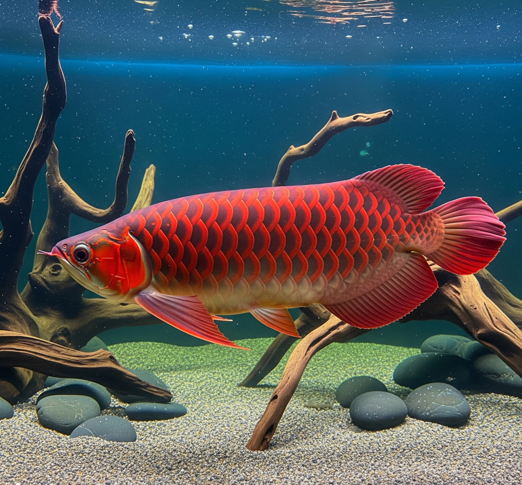 A vibrant Super Red Arowana with deep scarlet scales swims gracefully in a clear freshwater aquarium featuring a dark sandy substrate, pieces of driftwood, and smooth, dark stones.