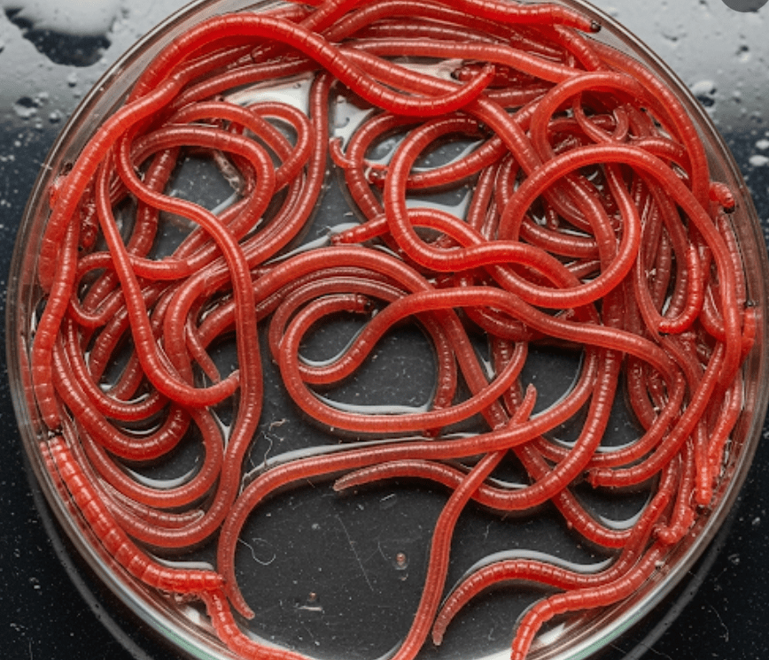 ديدان  A close-up shot of a Petri dish filled with a tangled mass of thin, bright red bloodworms. The worms are in a shallow layer of water on a dark, wet surface, with some water droplets visible around the dish. The lighting highlights the worms' vibrant color and segmented bodies.