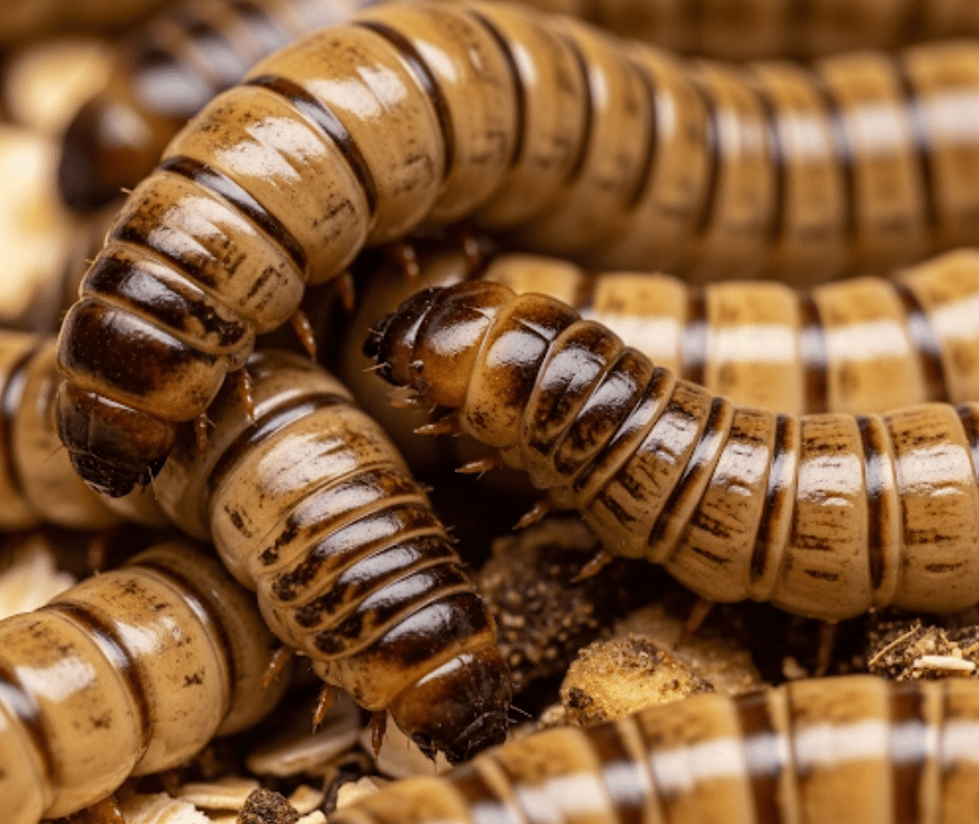 A detailed, close-up shot of several superworms, which are the larvae of the darkling beetle, Zophobas morio. The worms are a golden-brown color with darker segmented bands and visible mandibles. They are piled on a bed of organic material, possibly bran or oats, and a box labeled "Editor canvas" is visible in the upper left corner.