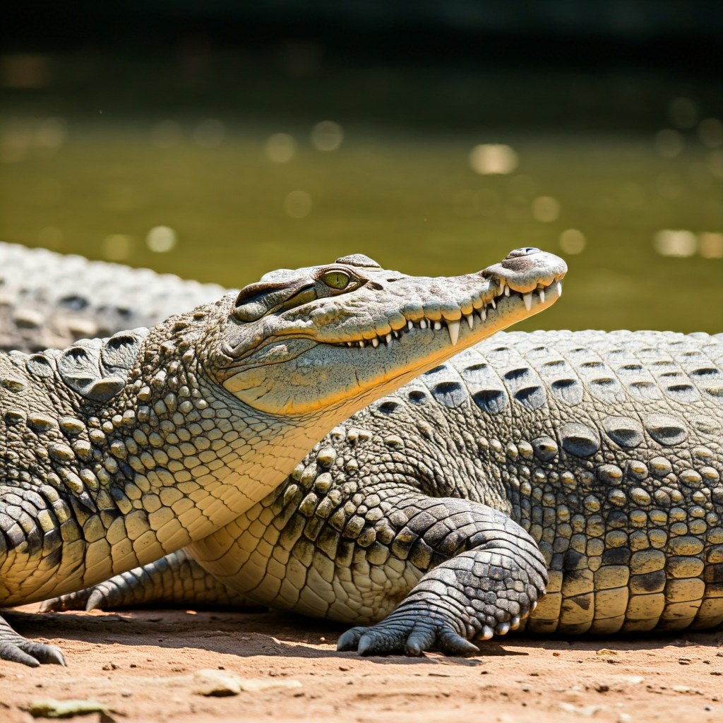 Reptile Intelligence. A close-up photograph of two crocodiles resting on a sandy bank near a body of water under bright sunlight. The crocodile in the foreground is facing right in profile, showing its textured, scaly skin, sharp teeth, and yellow eyes. The second crocodile lies partially behind it. The background is a blurred expanse of water with sunlit reflections.