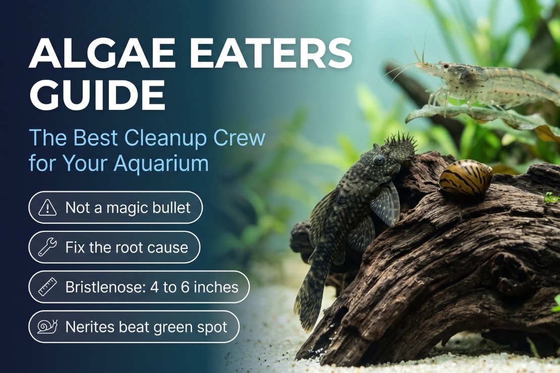 الطحالب algae eaters. A detailed, eye-level photo of a well-maintained freshwater aquarium. The scene features a Bristlenose Pleco, a Corydoras catfish, a large Amano shrimp, and several snails on a sandy substrate. The pleco is in the center, a snail is in the lower left, and a large shrimp is in the upper right.