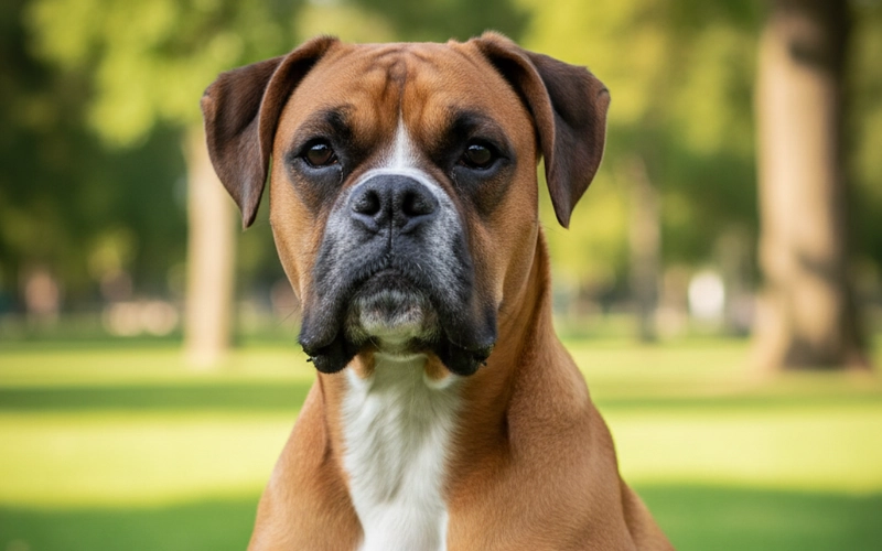 كلبي A striking, eye-level photograph of a fawn Boxer dog sitting attentively on a vibrant green lawn. The dog has a short, reddish-brown coat with distinct white markings on its chest and muzzle. Its powerful build and intelligent gaze are prominent against a softly blurred background of trees and grass.