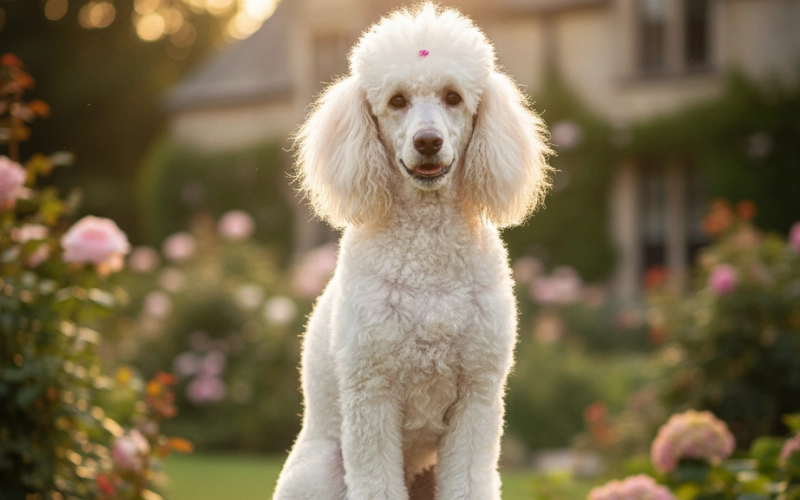 A beautiful white Standard Poodle with a small pink bow in its topknot sits regally on a stone pedestal in a lush garden during sunset. Pink roses and a stately house are visible in the soft background.