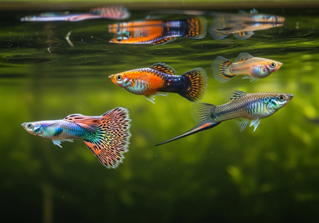 Four small, colorful freshwater fish swim near the surface of clear aquarium water, with their reflections visible above. The group includes two male Guppies, one with a large, elaborate tail, an orange Platy, and a male Swordtail with its distinctive elongated tail fin. Green aquatic plants are blurred in the background.