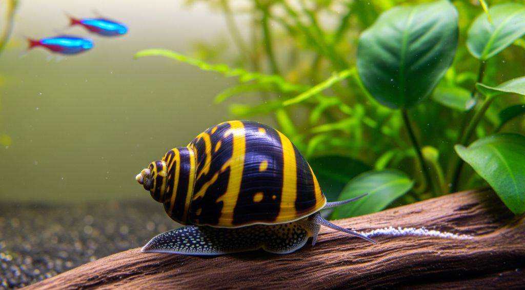 A detailed macro photograph of a zebra nerite snail with a black and yellow striped shell, gliding across a piece of driftwood in a lush freshwater aquarium. In the background, there are green plants and two blurry neon tetras.
