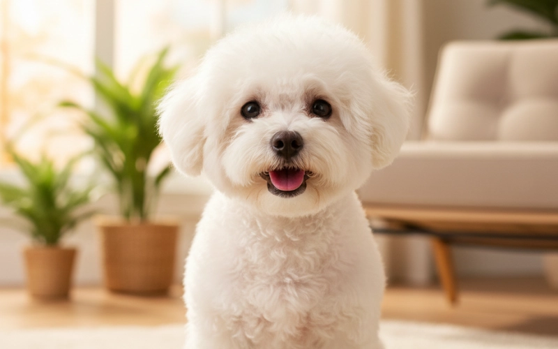 رائحة فم الكلاب A cute Bichon Frise dog with a perfectly groomed white curly coat sits on a cream-colored rug in a brightly lit modern living room, looking at the camera with a happy, open-mouthed smile.