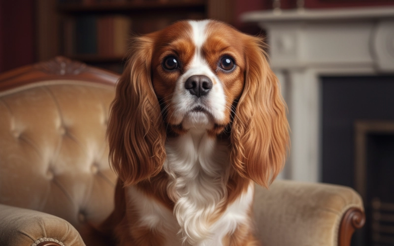 A beautiful Blenheim Cavalier King Charles Spaniel sits elegantly on a plush, antique armchair, looking directly at the camera with soft, expressive eyes. The background features a classic study with bookshelves and a fireplace.