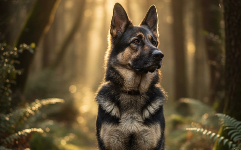 A majestic German Shepherd dog with a classic black and tan coat sits attentively on a forest path. The dog is looking to the right with focused eyes, its ears perked up. Beams of golden sunlight filter through the trees in the background, illuminating the scene.