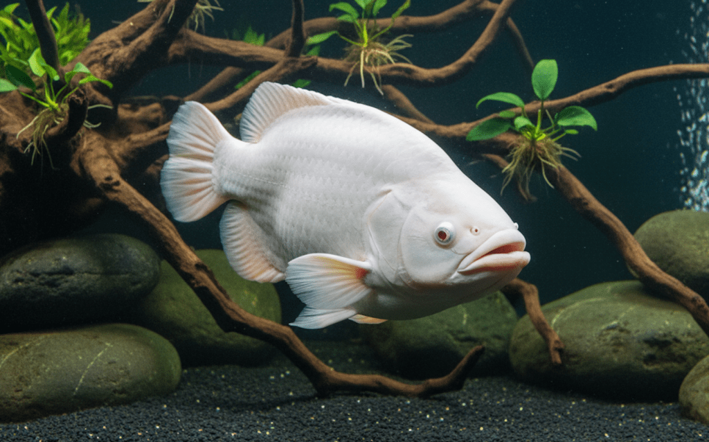 الأسماك A realistic photo of a large, pure white Giant Gourami fish (Osphronemus goramy) with reddish eyes, swimming calmly in a clear freshwater aquarium. The tank features a dark substrate, intricate driftwood, smooth rounded rocks,