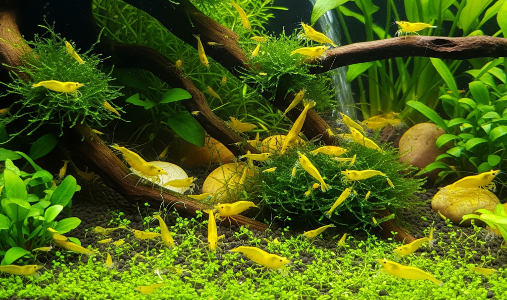 A wide-angle shot of a vibrant freshwater aquarium densely populated with bright yellow Neo Caridina shrimp. The shrimp are foraging on the dark substrate, climbing on driftwood branches covered in green Java moss, and hiding among other lush aquatic plants. A gentle stream of water from a filter outlet is visible on the right.