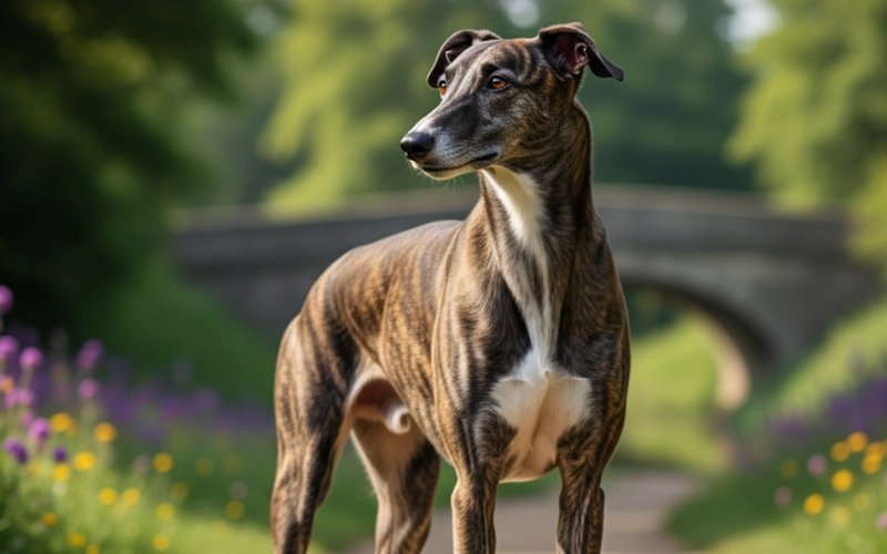 A close-up, realistic photo of a lean, fawn-colored Greyhound dog. The dog is looking directly at the camera with its head tilted slightly, its long, slender snout and dark, intelligent eyes are prominent. Its short, smooth fur is a solid light brown color, and a dark leather collar is visible around its neck. The background is softly blurred, a mixture of green and brown hues.