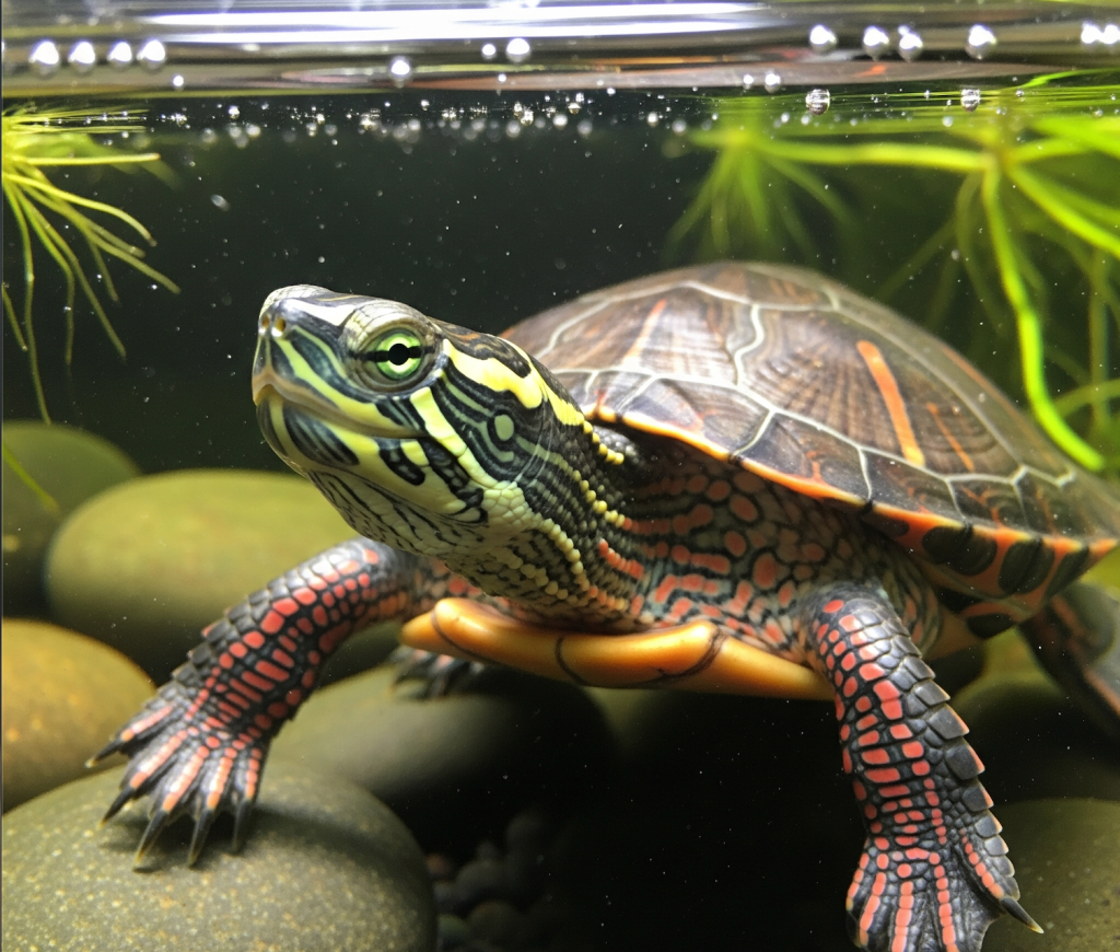 A detailed close-up shot of a Painted Turtle (Chrysemys picta) with its head and front limbs visible just below the water's surface in an aquarium. The turtle's skin is a pattern of vibrant red, yellow, and black stripes. Its shell is a mix of green, brown, and red, and it rests on smooth river rocks.