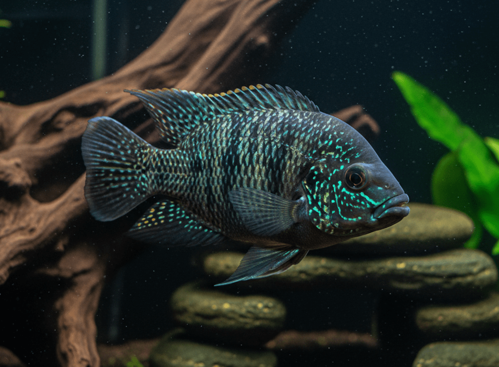 الأسماك A realistic photo of a Jack Dempsey fish (Rocio octofasciata) with iridescent blue-green and black mottled patterns, swimming gracefully in a freshwater aquarium with dark substrate, driftwood, stacked rocks, and green plants.