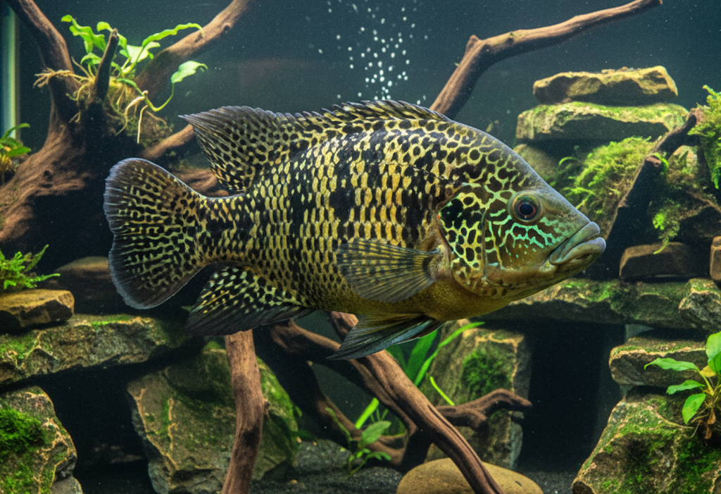 A realistic photo of a large Jaguar Cichlid (Parachromis managuensis) with distinct dark black and golden-yellow leopard-like spots, swimming in a well-decorated freshwater aquarium featuring dark substrate, intricate driftwood, and moss-covered rocks forming caves.