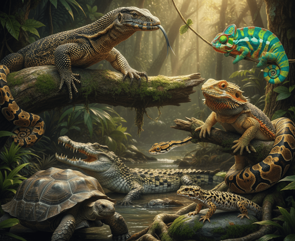 An artistic, lush illustration depicting a variety of reptiles in a sun-dappled jungle setting. A monitor lizard perches on a large mossy log, a vibrant chameleon clings to a vine, a bearded dragon rests on a lower branch, a ball python coils around a branch, a crocodile lurks in the water, a tortoise walks near the water's edge, and a leopard gecko sits on a rock.